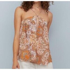 H&M Womens Orange Sleeveless Tank Top Cami Flowy Paisley Top Shirt‎ Sz 8 MED